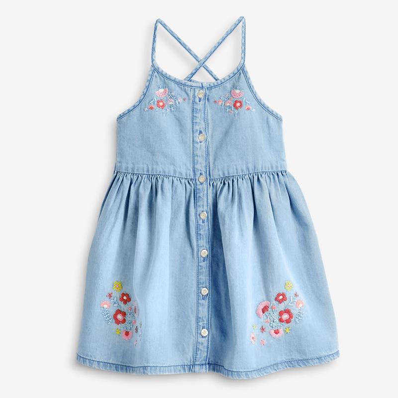 Embroidery Blooming Flowers Denim Sleeveless Dress