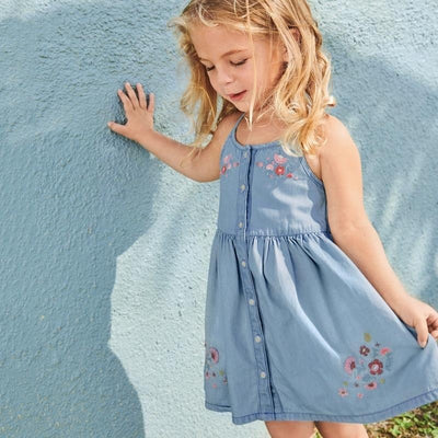 Embroidery Blooming Flowers Denim Sleeveless Dress