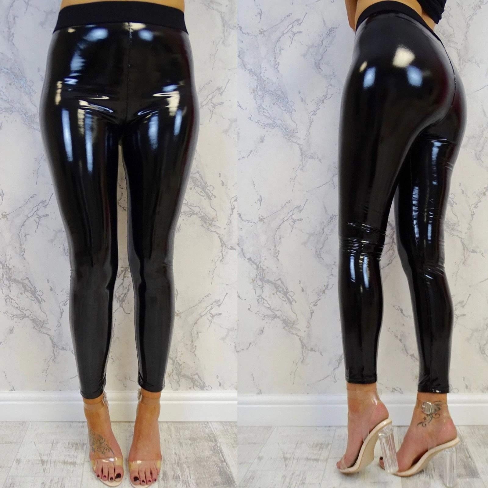 Wet Look Leggings - High Waist Leggings - MomyMall BLACK / XS