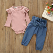 Baby Girl Pink Ruffled Shoulder Romper and Bowknot Pants Set - MomyMall