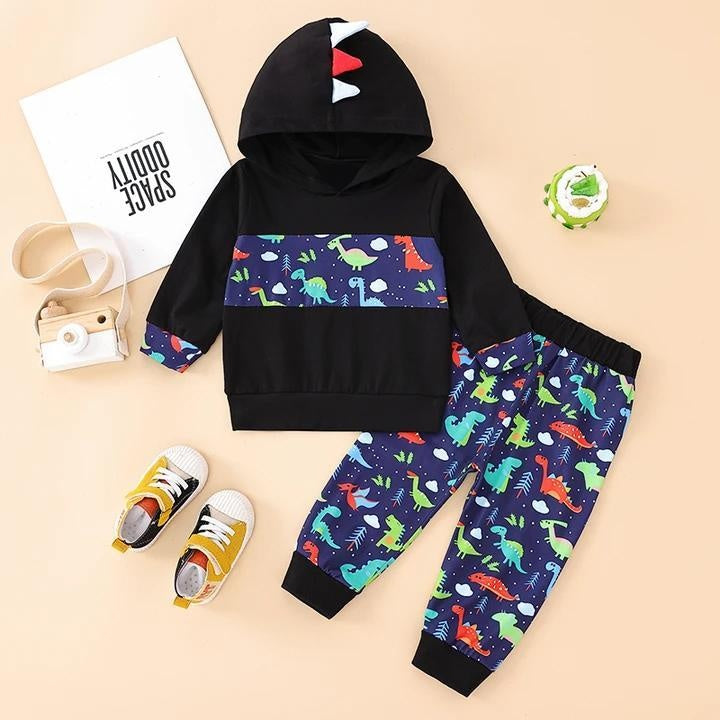 2PCS Cute Dinosaur Printed Baby Hoodie Set