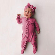 Sweet Solid Printed Fold Edge Long-sleeve Baby Jumpsuit With Headband - MomyMall Dark Red / 0-3 Months