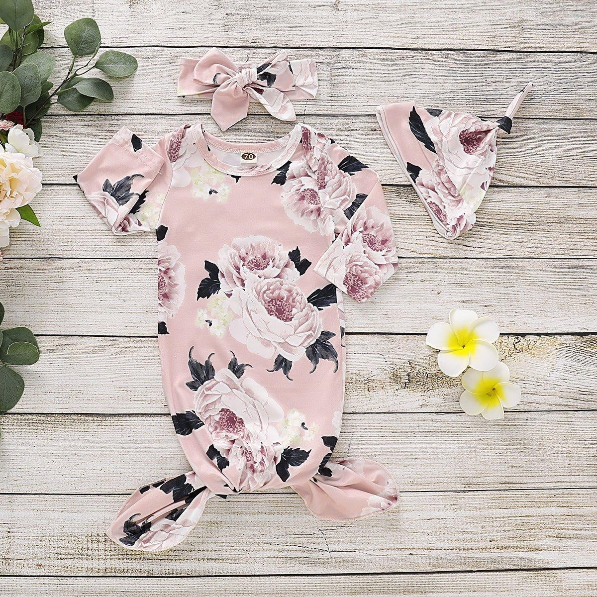 NewBorn Floral Print Pink Pajamas and Headband