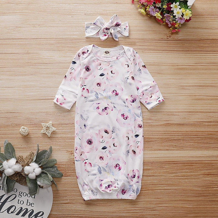 Baby NewBorn Lovely Floral Print Pajamas and Headband - MomyMall White / 0-6Months