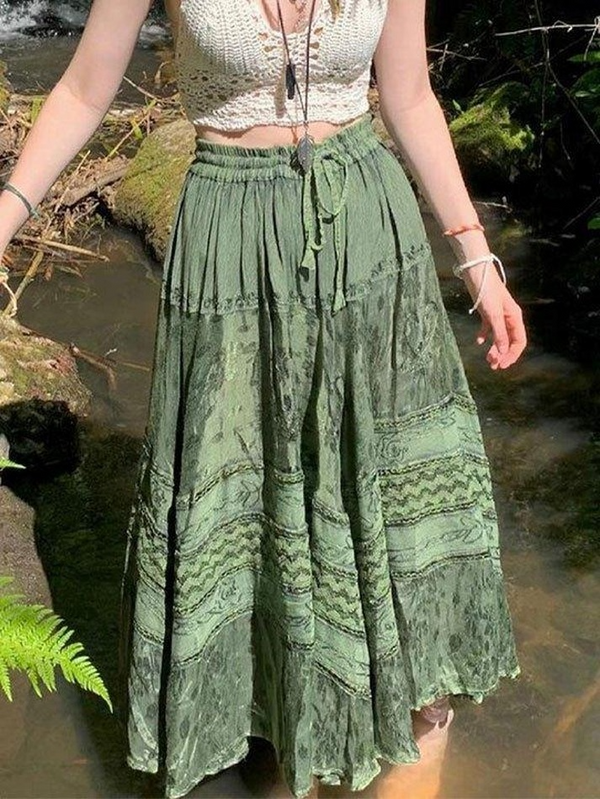 Fairy Vintage Printed Midi Skirt - MomyMall Green / S