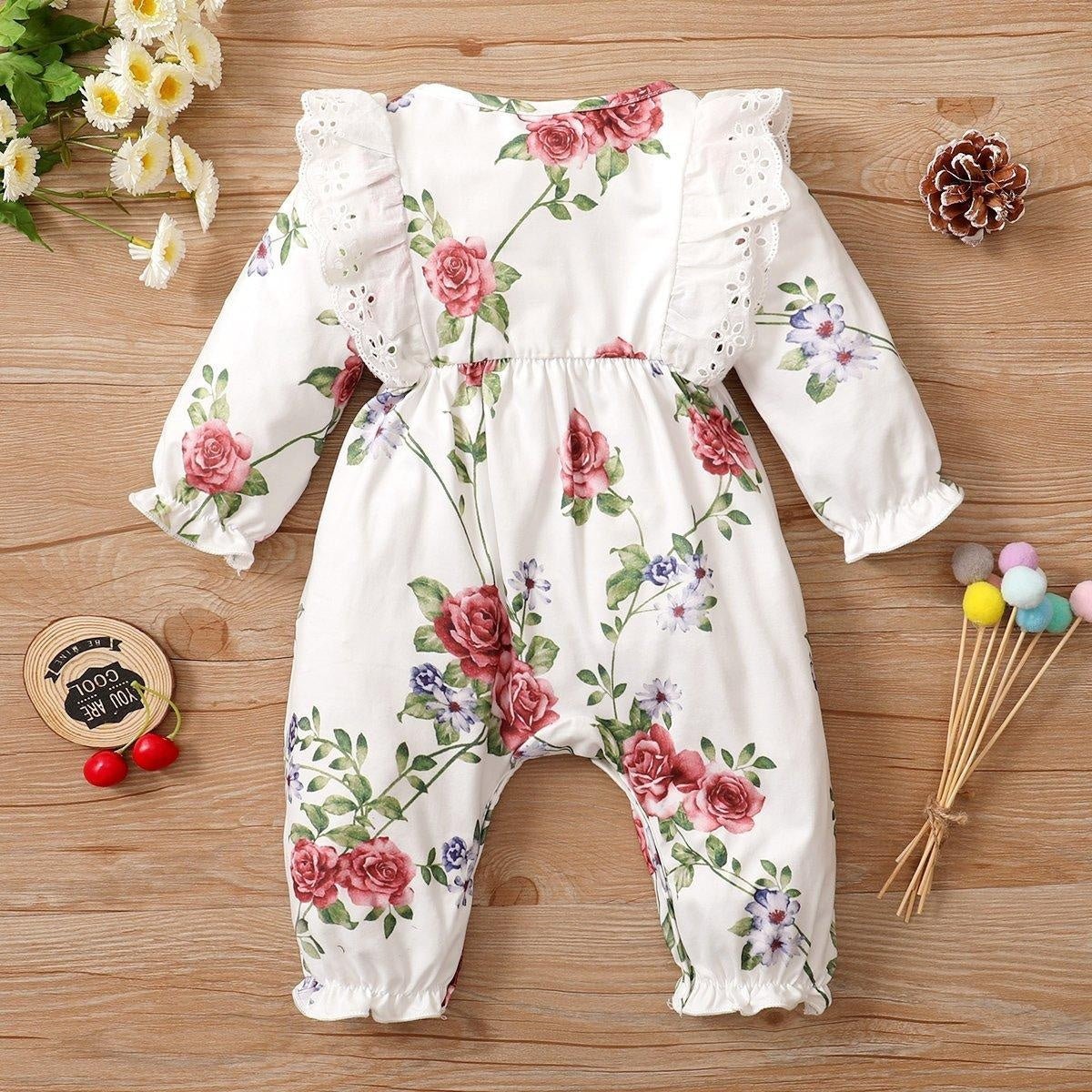 Cute Floral Printed Lace Decor Baby Jumpsuit