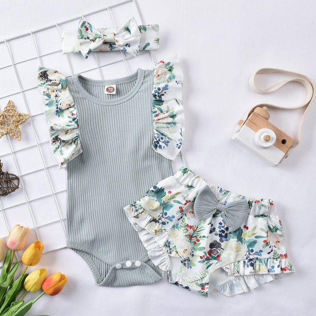 3PCS Pretty Solid Floral Printed Baby Set - MomyMall Grey / 0-3 Months