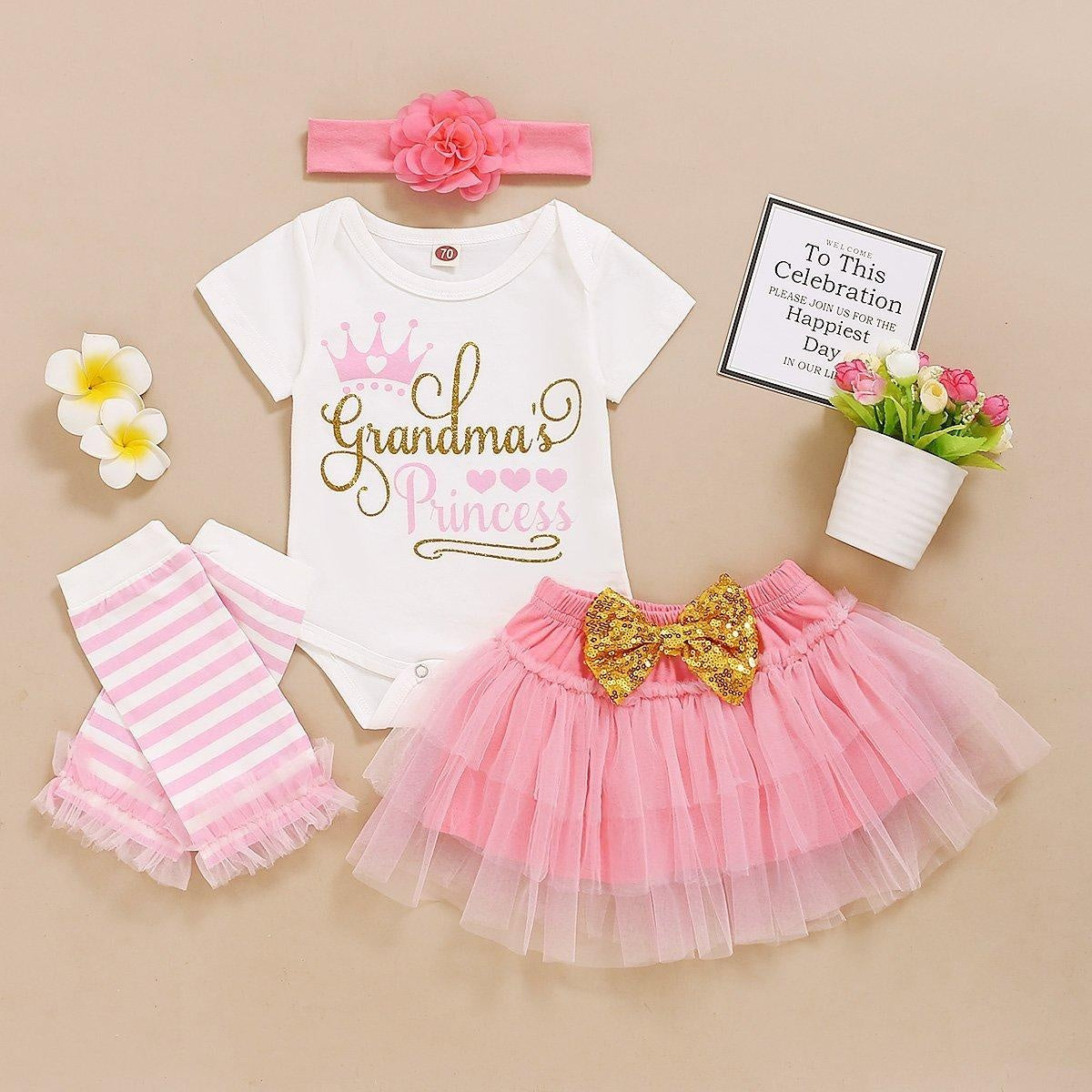 4PCS Lettre Imprimé Barboteuse Avec Pompous Jupe Bébé Ensemble