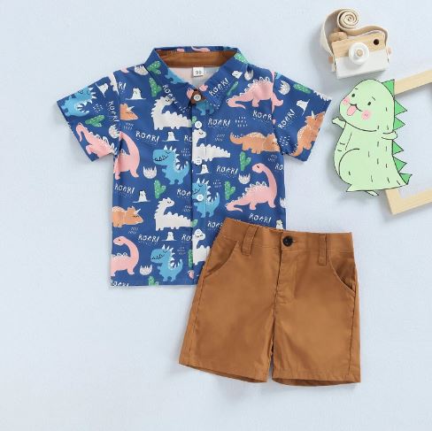 Dinosaur Collared Shirt & Shorts - MomyMall Blue/Brown Shorts / 1-2 Toddler