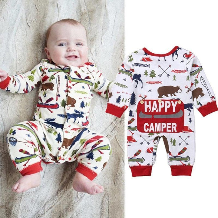 Cute Happy Camper Full Animal Printed Baby Jumpsuit - MomyMall White / 0-3 Months
