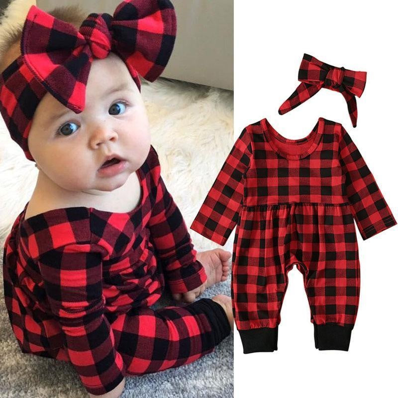 2PCS Lovely Baby Plaid Printed Long Sleeve Jumpsuit - MomyMall