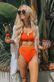 Orange Ribbed Front V Wire Bikini Top