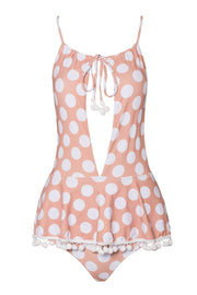 Polka Dots Pom-Pom Plunge Neck Halter One Piece Swimsuit