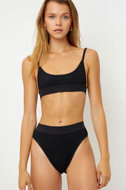 Black Ribbed High Waisted Bikini Bottom - MomyMall