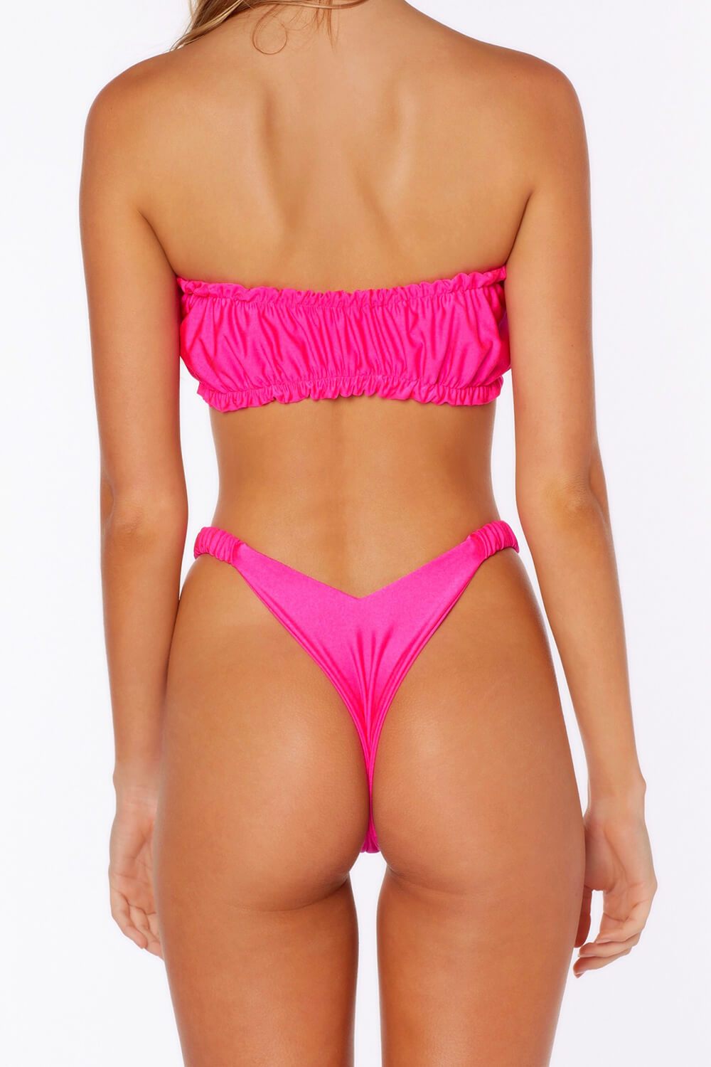 Bas de bikini forme V froncé rose fluo