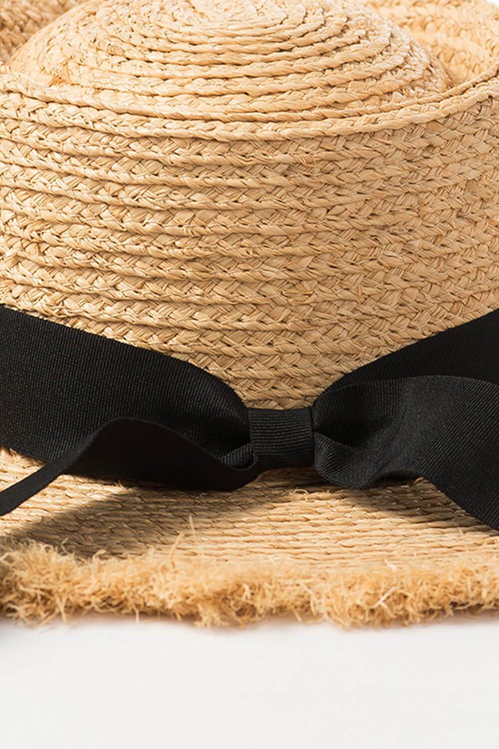 Raffia Straw Black Bow Trimmed Flat Boater - MomyMall