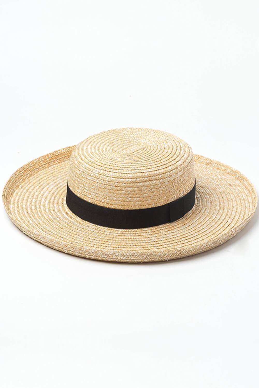 Black Ribbon Trimmed Wheat Straw Flicked Edge Boater - MomyMall