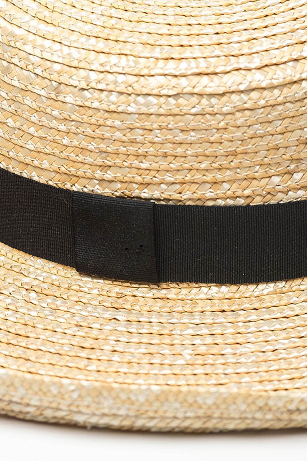 Black Ribbon Trimmed Wheat Straw Flicked Edge Boater - MomyMall