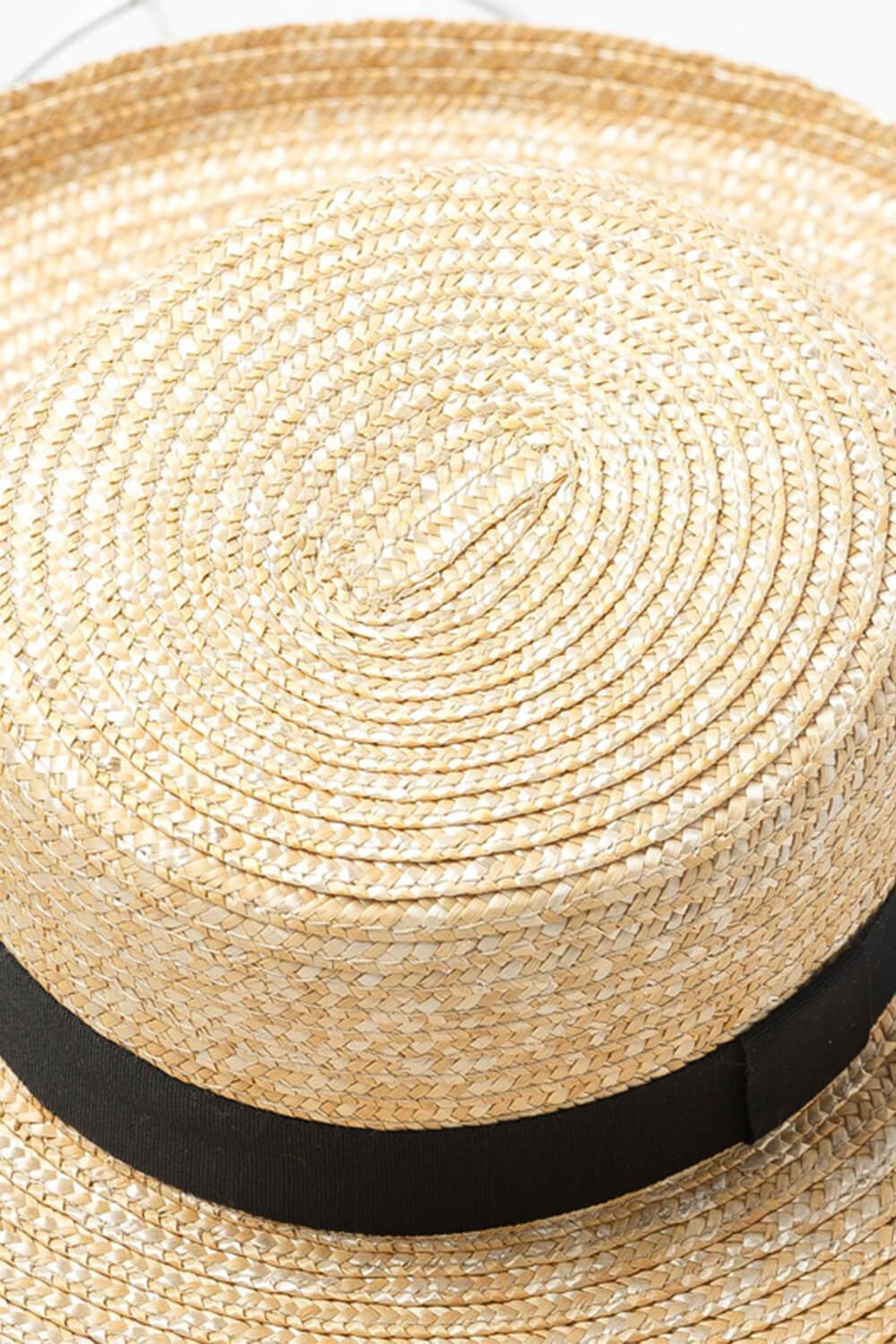 Black Ribbon Trimmed Wheat Straw Flicked Edge Boater - MomyMall