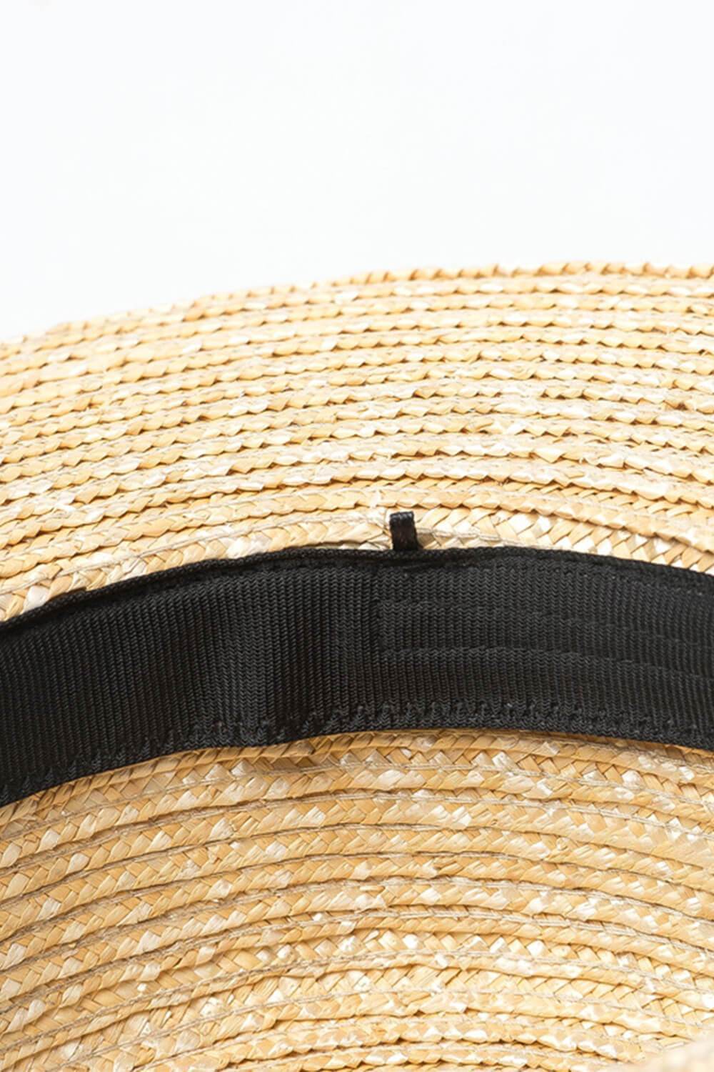 Black Ribbon Trimmed Wheat Straw Flicked Edge Boater - MomyMall