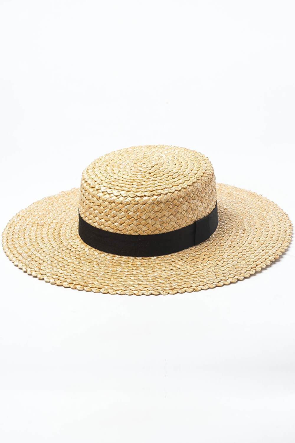 Zig-Zag Wheat Straw Boater With Black Ribbon Trim