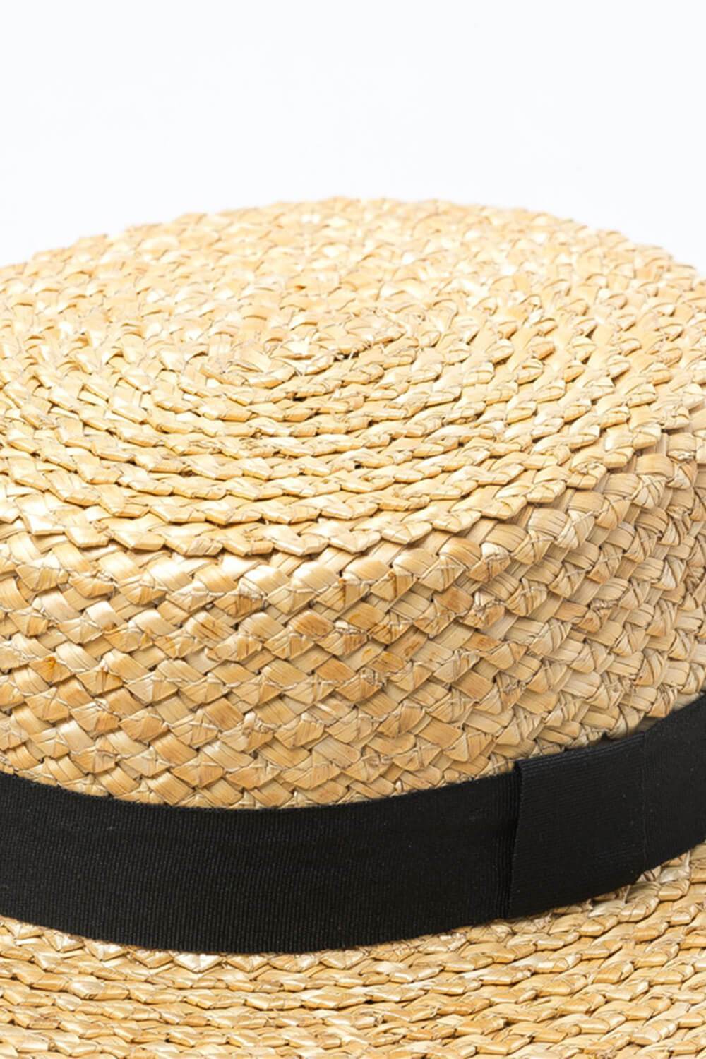 Zig-Zag Wheat Straw Boater With Black Ribbon Trim