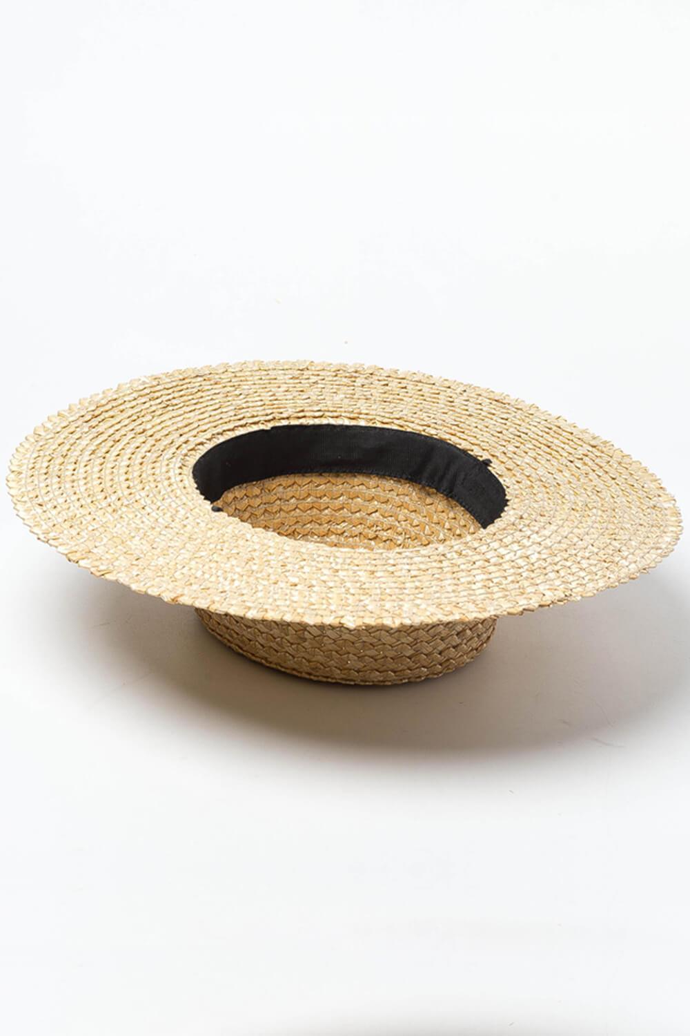 Zig-Zag Wheat Straw Boater With Black Ribbon Trim