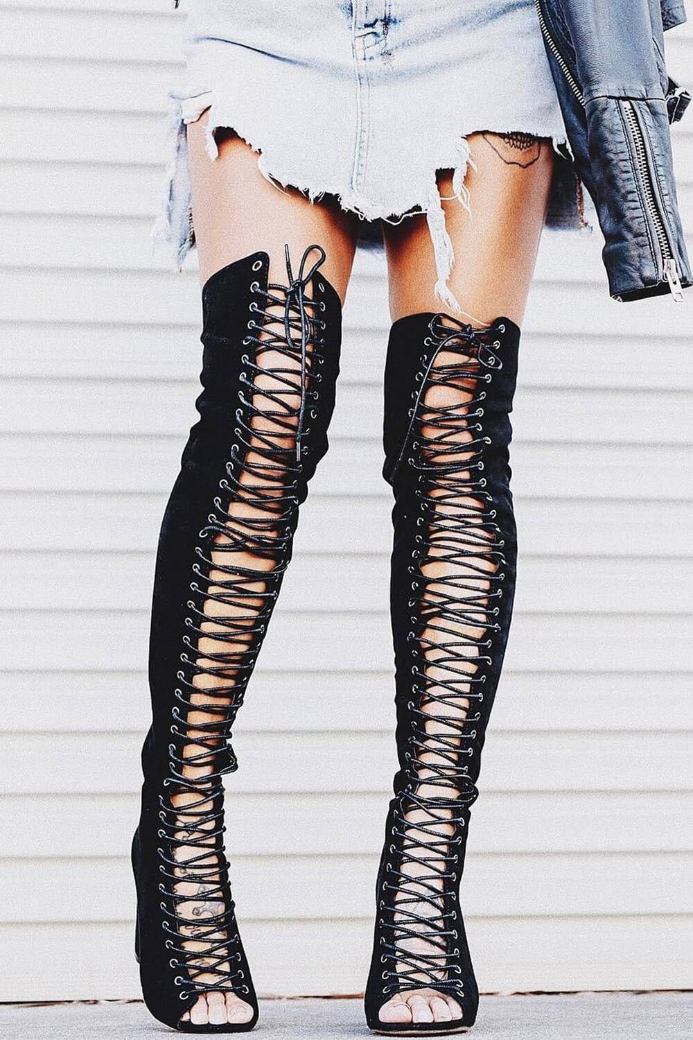 Black Suede Lace Up Peep Toe Thigh High Boots