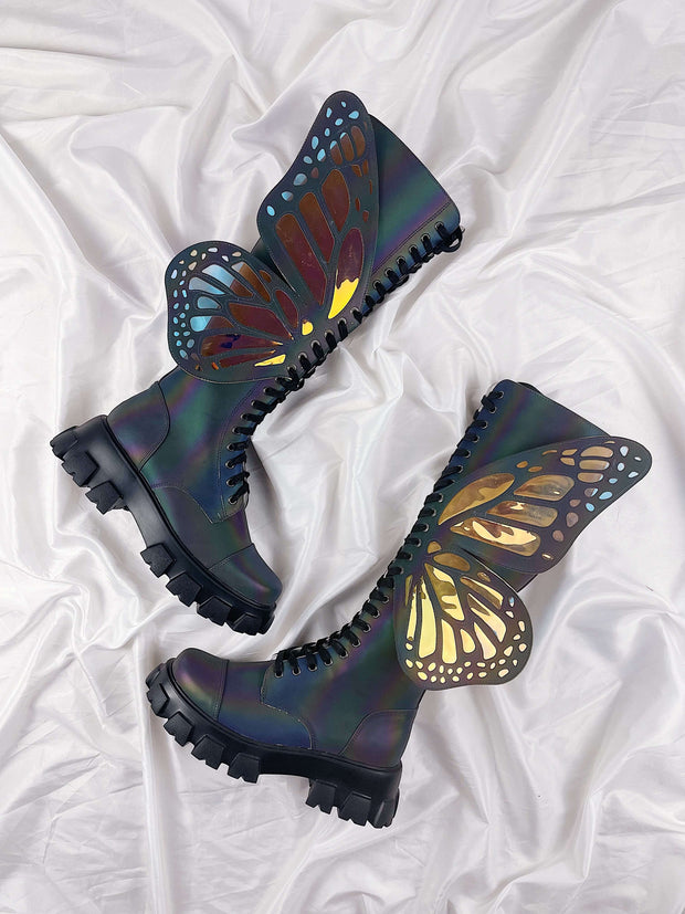 Holographic Rainbow Reflective Lace Up Knee High Combat Boots With Butterfly Wings - MomyMall