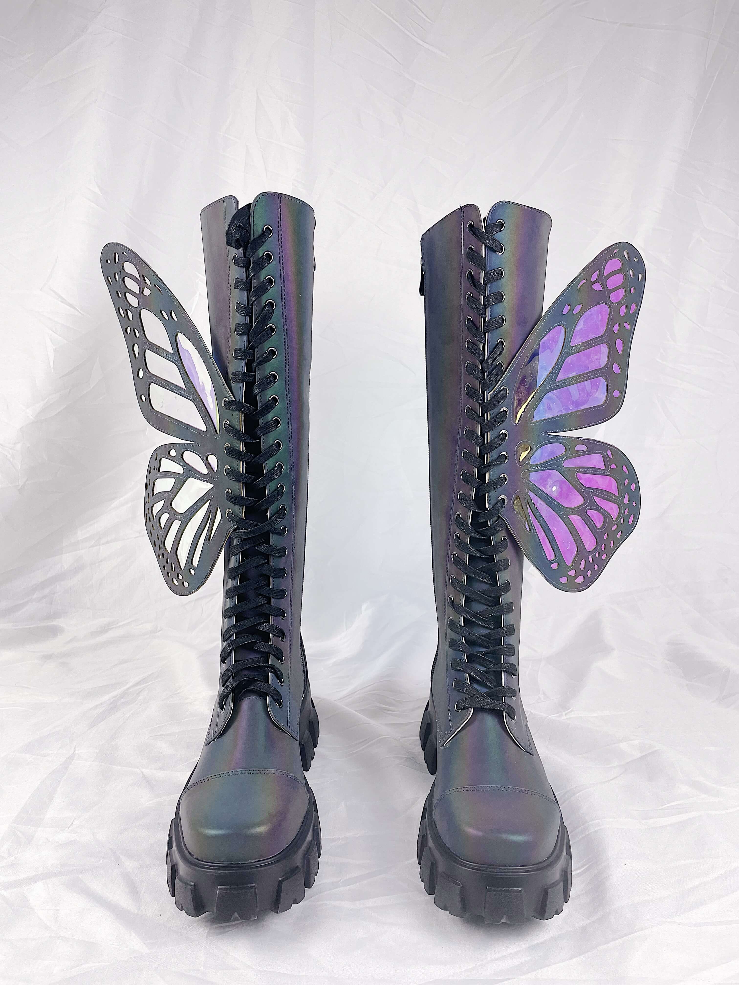 Holographic Rainbow Reflective Lace Up Knee High Combat Boots With Butterfly Wings - MomyMall