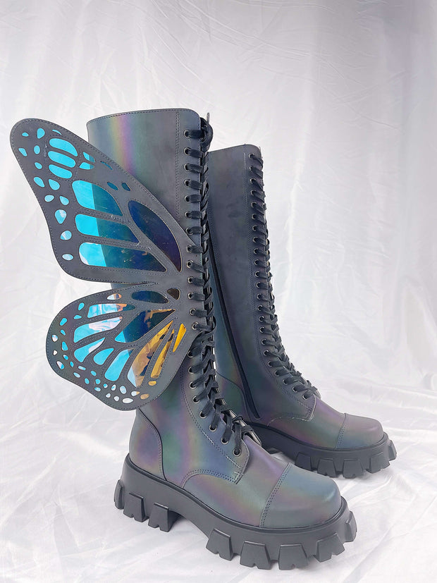 Holographic Rainbow Reflective Lace Up Knee High Combat Boots With Butterfly Wings - MomyMall