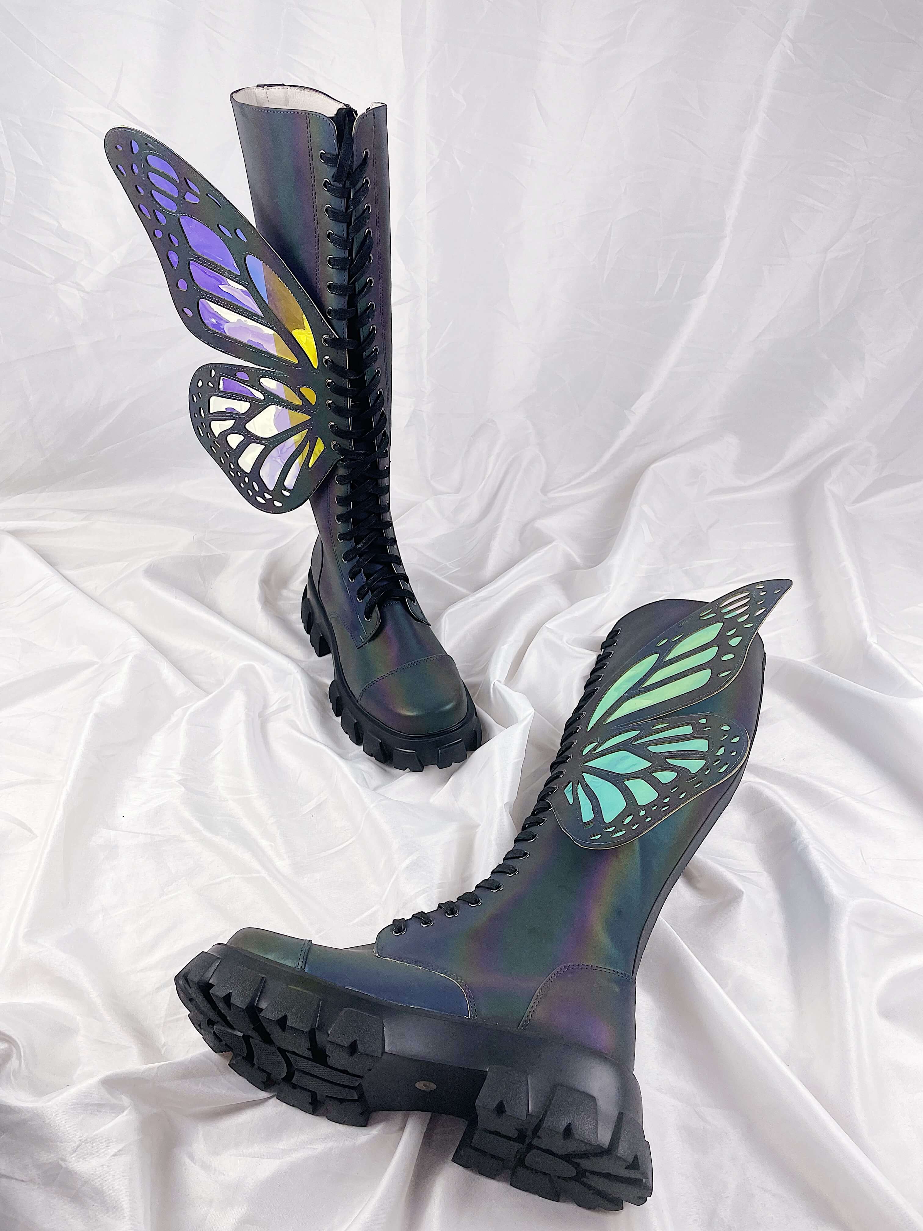 Holographic Rainbow Reflective Lace Up Knee High Combat Boots With Butterfly Wings - MomyMall