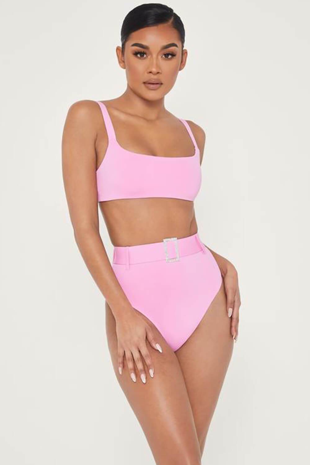 Hot Pink High Waist Bikini Bottom With Diamante Belt - MomyMall