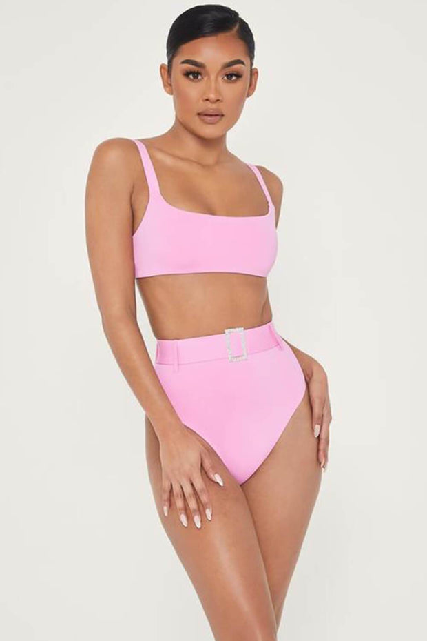 Hot Pink High Waist Bikini Bottom With Diamante Belt - MomyMall