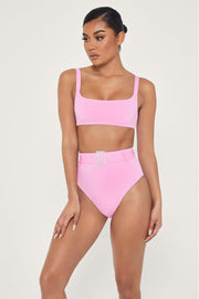 Hot Pink High Waist Bikini Bottom With Diamante Belt - MomyMall