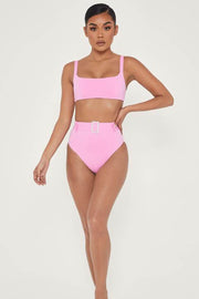 Hot Pink High Waist Bikini Bottom With Diamante Belt - MomyMall