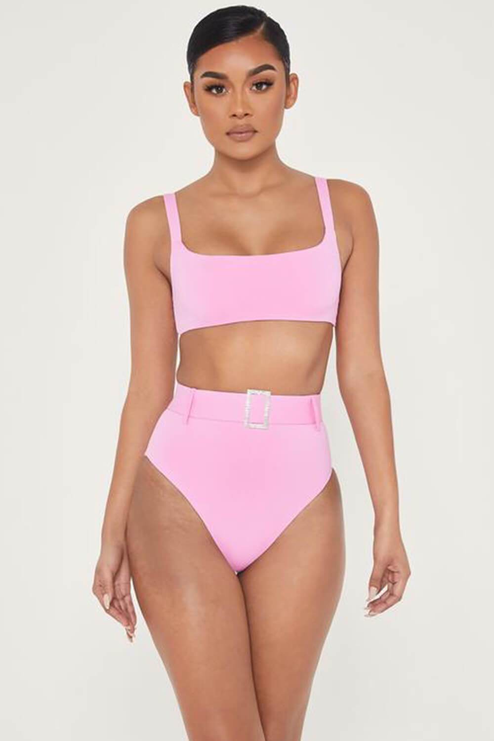 Hot Pink High Waist Bikini Bottom With Diamante Belt - MomyMall