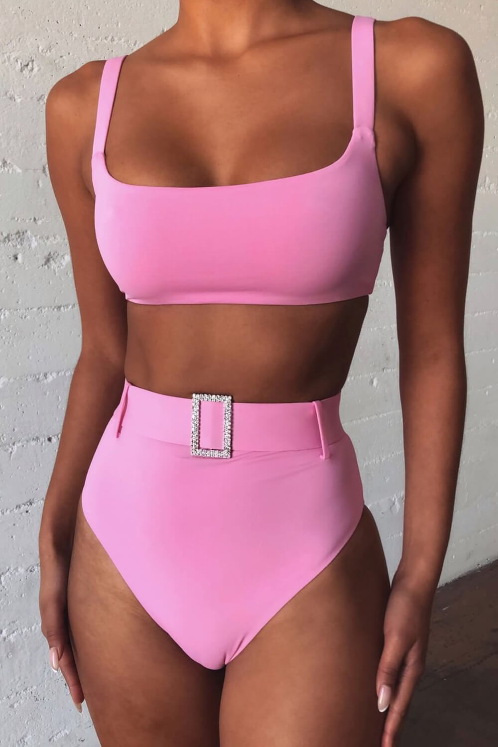 Hot Pink High Waist Bikini Bottom With Diamante Belt - MomyMall