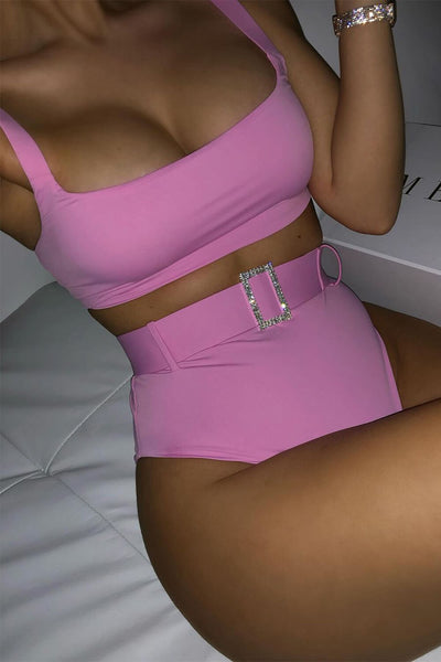 Hot Pink High Waist Bikini Bottom With Diamante Belt - MomyMall