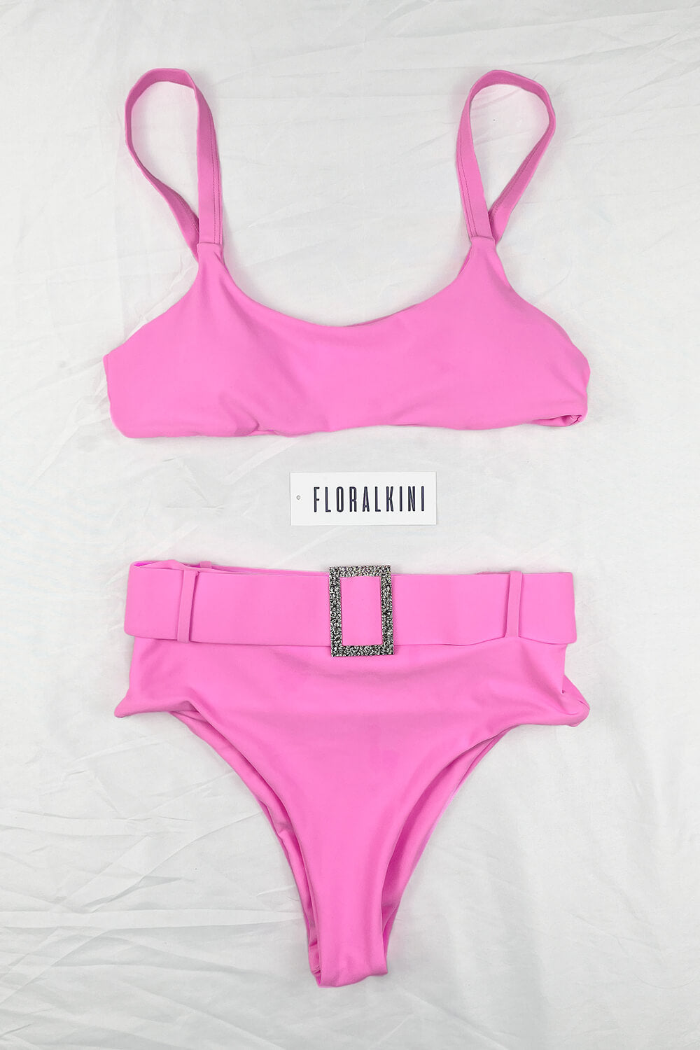 Hot Pink High Waist Bikini Bottom With Diamante Belt - MomyMall