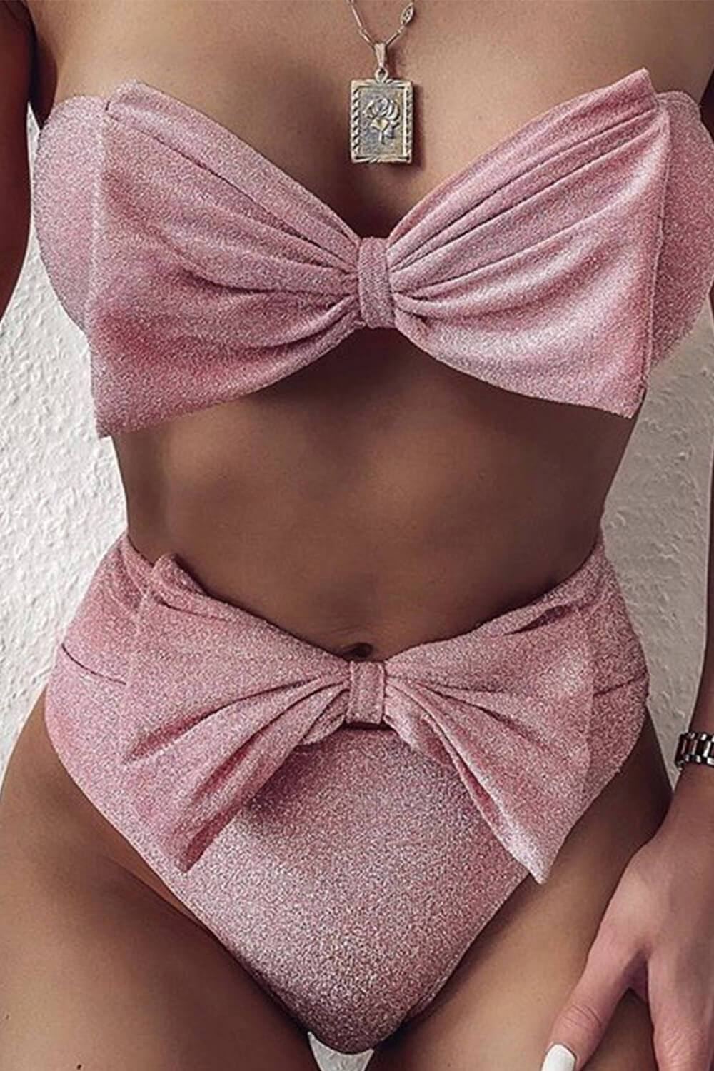 Sparkly Rose Bandeau Bow Bikini Top - MomyMall