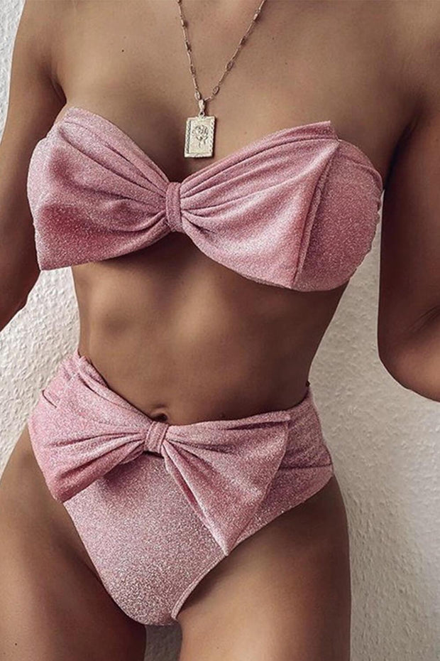 Sparkly Rose Bandeau Bow Bikini Top - MomyMall