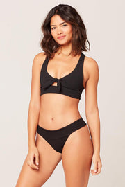 Black Ribbed Front Keyhole Knot Tie Bikini Top