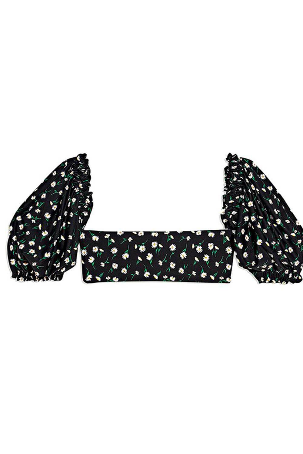 Haut de bikini bandeau noir à manches bouffantes Daises