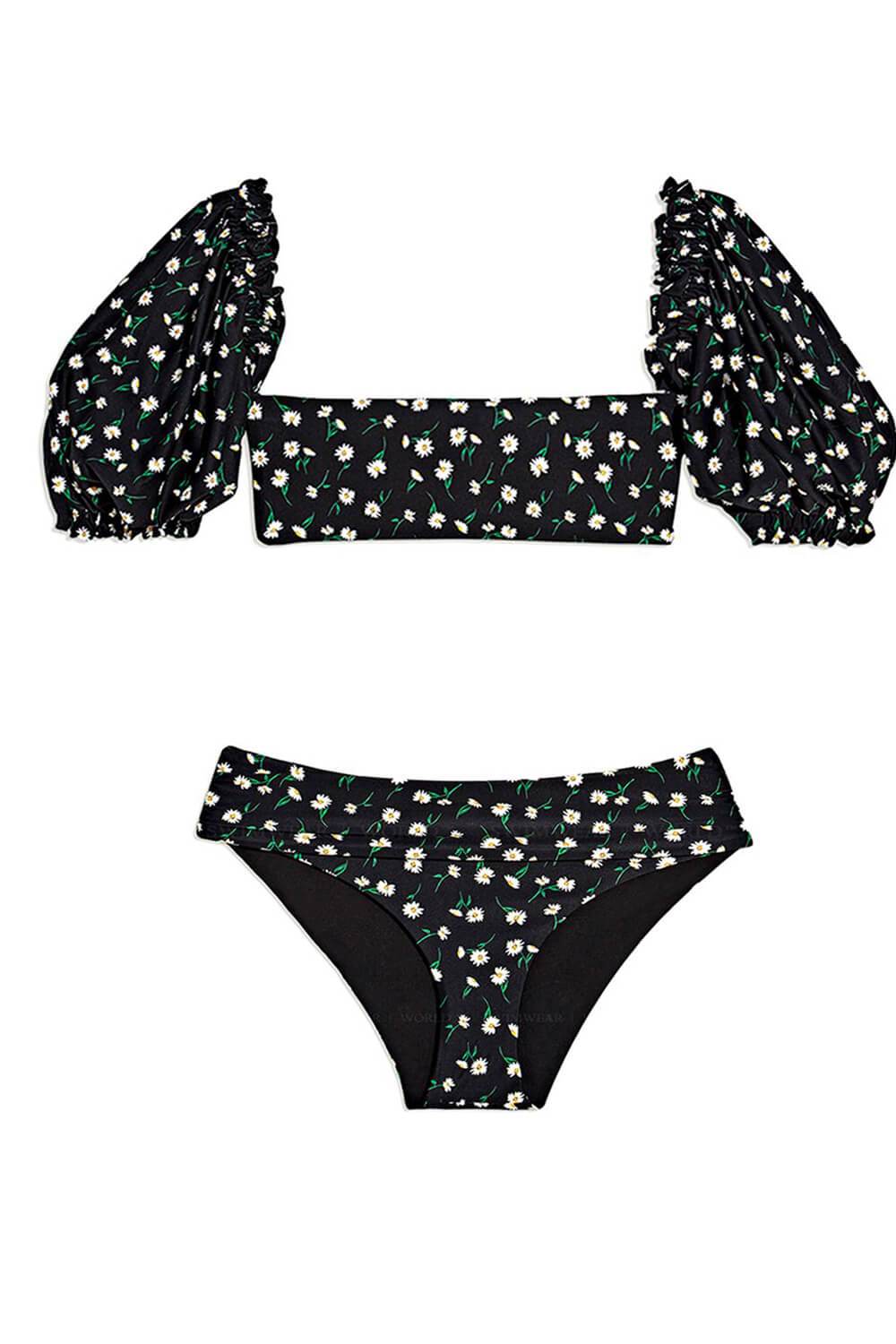 Schwarzes Bandeau-Bikinioberteil Daises mit Puffärmeln