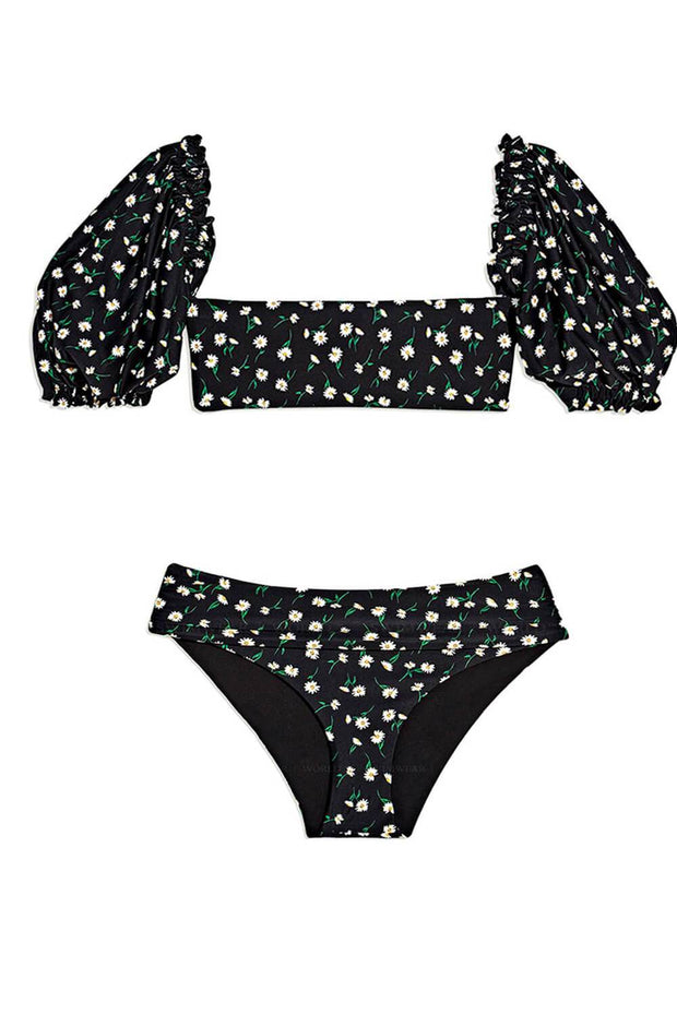 Haut de bikini bandeau noir à manches bouffantes Daises