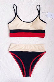 Cream And Red Striped Ribbed Bikini Top