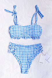 Blue Giangham Ruffled Tie Shoulder Bikini Top