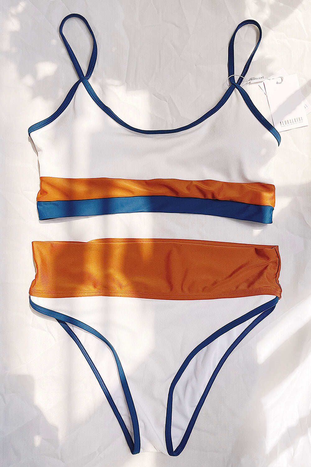 White Chocolate Blue Blocked Rib Sporty Bikini Top - MomyMall