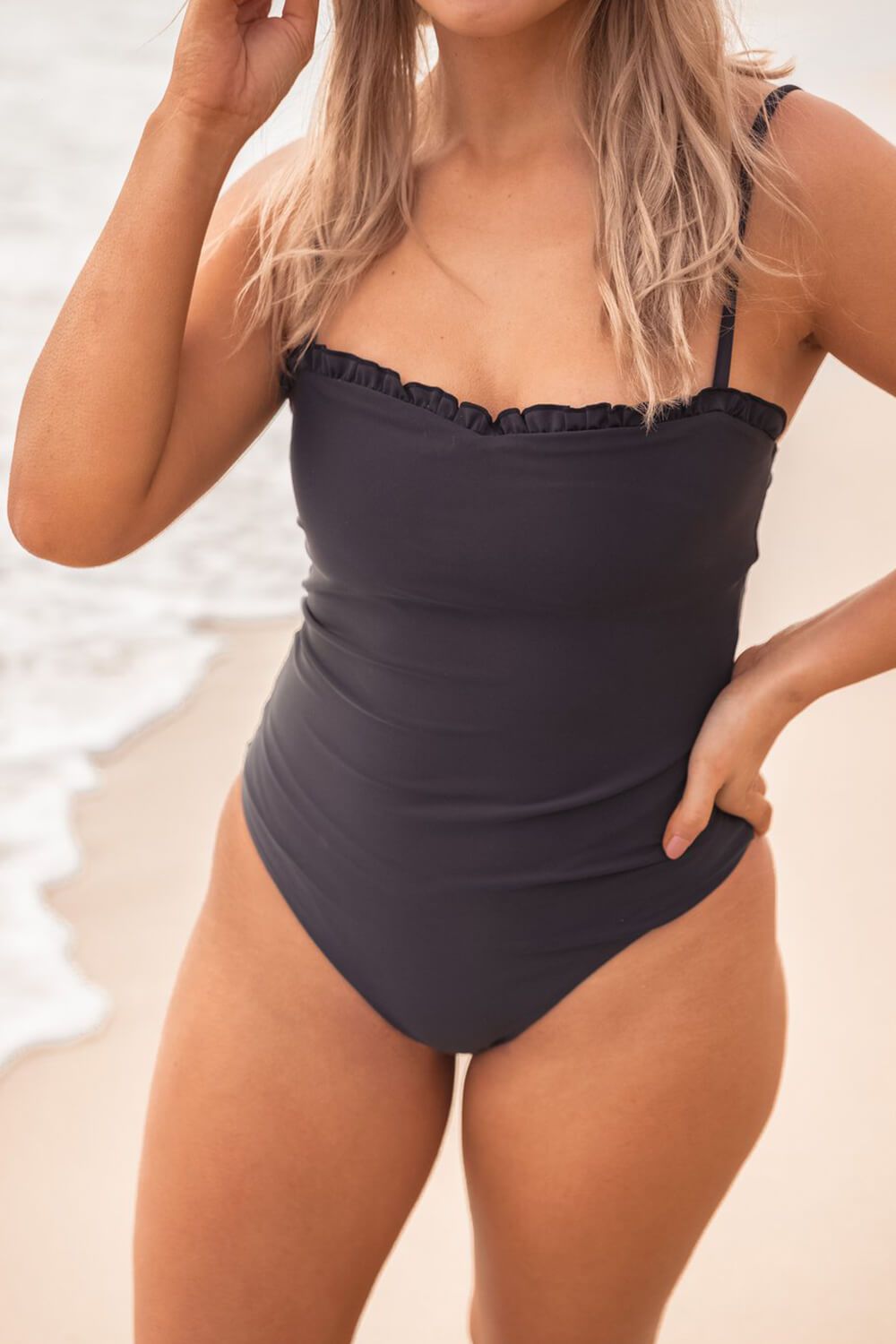 Black Frill Tie Front One Piece Swimsuit - MomyMall